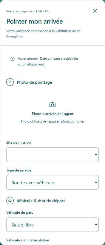 Formulaire de prise de service : photo de l’agent, site de mission et informations du véhicule