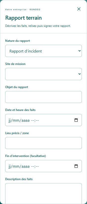 Formulaire de rapport terrain avec nature du rapport, site, objet, date et description des faits